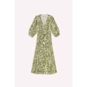 Suncoo Olive Green Cream Linen Mix Chafia Leaf Print Midi Dress Size Medium NWOT